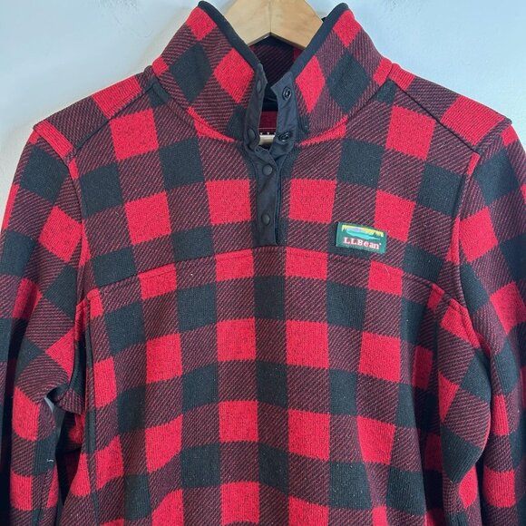 LL Bean Sweater Pullover Womens XL Red Black Buffalo Plaid Snap Neck Fleece - Picture 2 of 10